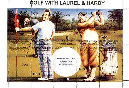 Touva 1995 Golf with Laurel & Hardy composite sheet containing complete perf set of 10 overprinted with large white golf ball and 'European Team Ryder Cup Victory 1995' in black unmounted mint, stamps on , stamps on  stamps on entertainments, stamps on golf, stamps on sport, stamps on clocks