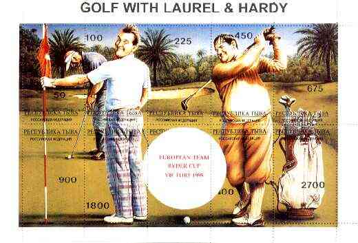 Touva 1995 Golf with Laurel & Hardy composite sheet containing complete perf set of 10 overprinted with large white golf ball and European Team Ryder Cup Victory 1995 in ..., stamps on entertainments, stamps on golf, stamps on sport, stamps on clocks