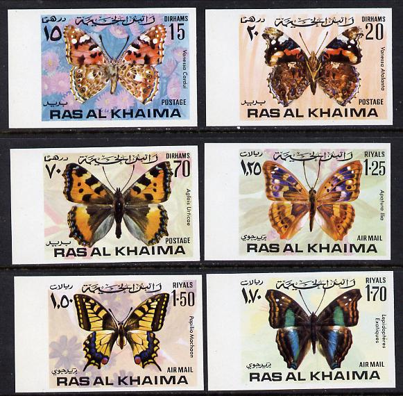 Ras Al Khaima 1972 Butterflies imperf set of 6 unmounted mint (Mi 614-19B) , stamps on butterflies