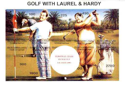 Touva 1995 Golf with Laurel & Hardy composite sheet containing complete imperf set of 10 overprinted with large white golf ball and 'European Team Ryder Cup Victory 1995' in red unmounted mint, stamps on entertainments, stamps on golf, stamps on sport, stamps on clocks