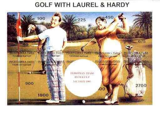 Touva 1995 Golf with Laurel & Hardy composite sheet containing complete imperf set of 10 overprinted with large white golf ball and 'European Team Ryder Cup Victory 1995' in red unmounted mint, stamps on , stamps on  stamps on entertainments, stamps on golf, stamps on sport, stamps on clocks