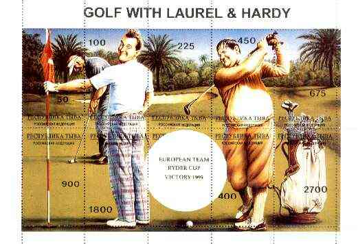 Touva 1995 Golf with Laurel & Hardy composite sheet containing complete perf set of 10 overprinted with large white golf ball and European Team Ryder Cup Victory 1995 in ..., stamps on entertainments, stamps on golf, stamps on sport, stamps on clocks