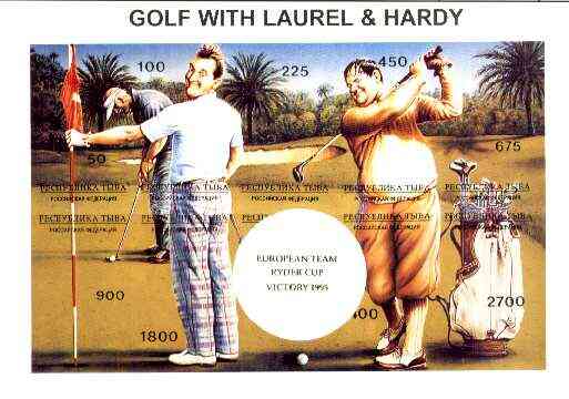 Touva 1995 Golf with Laurel & Hardy composite sheet containing complete imperf set of 10 overprinted with large white golf ball and European Team Ryder Cup Victory 1995 i..., stamps on entertainments   golf   sport