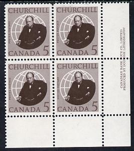Canada 1966 Churchill 5c imprint corner block of 4 unmounted mint, SG 565, stamps on , stamps on  stamps on churchill, stamps on personalities