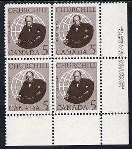 Canada 1966 Churchill 5c imprint corner block of 4 unmounted mint, SG 565, stamps on churchill, stamps on personalities