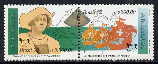 Brazil 1992 Columbus Anniversary se-tenant pair unmounted mint, SG 2528-29, stamps on , stamps on  stamps on ships    columbus   explorers    personalities       maps