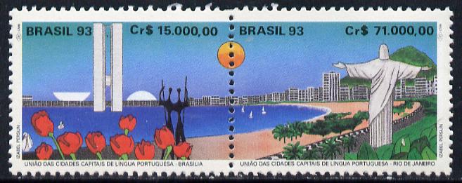 Brazil 1993 Portuguese Speaking Capitals se-tenant pair, SG 2579-80, stamps on statue     tourism