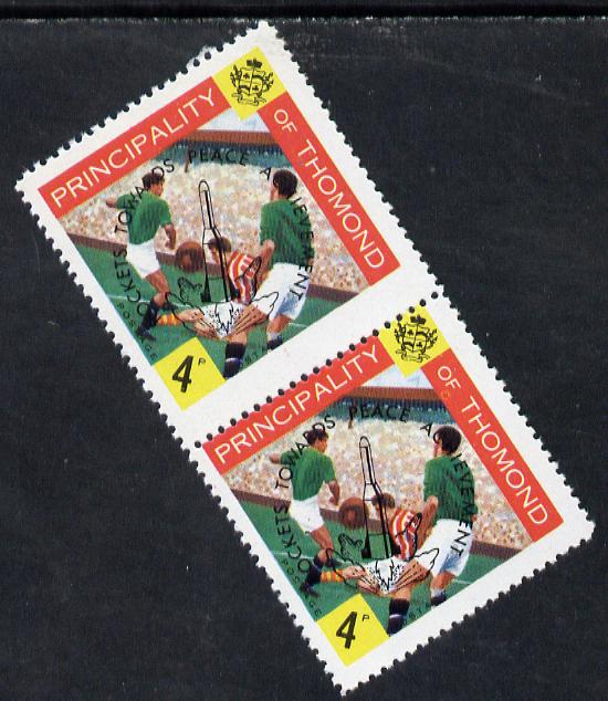 Thomond 1968 Football 4d (Diamond shaped) opt'd 'Rockets towards Peace Achievement', pair with dividing perforation misplaced by 3mm unmounted mint, stamps on , stamps on  stamps on football    sport       space    peace