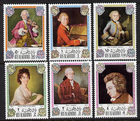 Ras Al Khaima 1972 Portraits of Mozart perf set of 6 unmounted mint, Mi 642-47A, stamps on , stamps on  stamps on arts, stamps on  stamps on music, stamps on  stamps on personalities, stamps on  stamps on composers, stamps on  stamps on masonics, stamps on  stamps on personalities, stamps on  stamps on mozart, stamps on  stamps on music, stamps on  stamps on composers, stamps on  stamps on masonics, stamps on  stamps on masonry