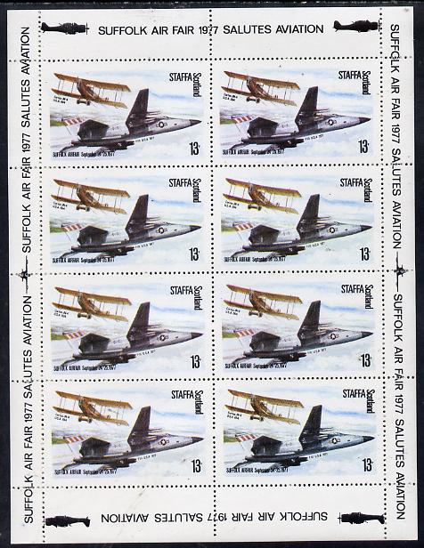 Staffa 1977 Curtuss JN-4 & F111 sheetlet containing 8 x 13p values with Suffolk Air Fair 1977 Salutes Aviation in margins unmounted mint, stamps on aviation