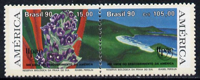 Brazil 1990 Columbus Anniversary (Nature Reserve) se-tenant pair unmounted mint, SG 2450-51, stamps on , stamps on  stamps on columbus   explorers    personalities      flowers