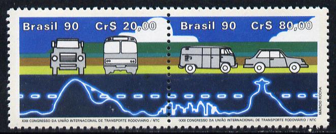 Brazil 1990 Road Transport Union Congress se-tenant pair unmounted mint SG 2428-29, stamps on transport   environment    roads, stamps on  tuc , stamps on buses        trucks