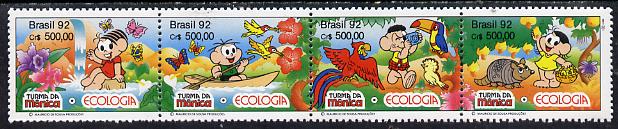 Brazil 1992 UN Conference on Environment #4 (Cartoon Characters) se-tenant strip of 4 unmounted mint, SG 2539-42, stamps on , stamps on  stamps on films    disney   united-nations    environment    entertainments    cartoons       waterfalls