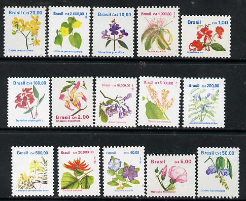 Brazil 1990 Flowers complete definitive set of 15 values, SG 2413-24e unmounted mint*, stamps on , stamps on  stamps on flowers, stamps on  stamps on scots, stamps on  stamps on scotland