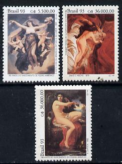 Brazil 1993 Birth Anniversary of Pedro Americo (Painter) set of 3 unmounted mint, SG 2572-74*, stamps on , stamps on  stamps on arts    nudes