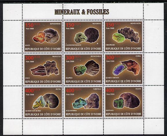 Ivory Coast 2009 Minerals & Fossils perf sheetlet containing 9 values unmounted mint, stamps on minerals, stamps on fossils