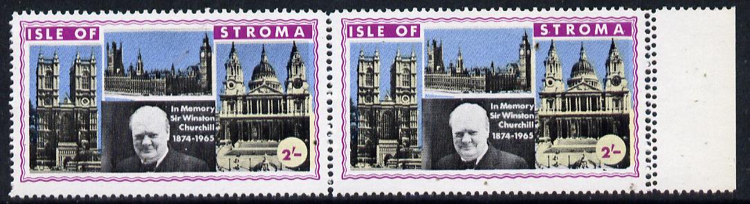 Stroma 1968 Churchill 2s horiz pair with perfs doubled at right (slight set-off on gummed side), stamps on churchill, stamps on personalities 