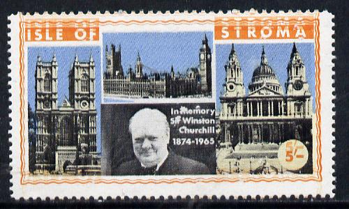 Stroma 1968 Churchill 5s with orange (frame, name & value) doubled (slight set-off on gummed side), stamps on churchill  personalities