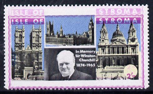 Stroma 1968 Churchill 2s with purple (frame, name & value) doubled (slight set-off on gummed side), stamps on churchill  personalities