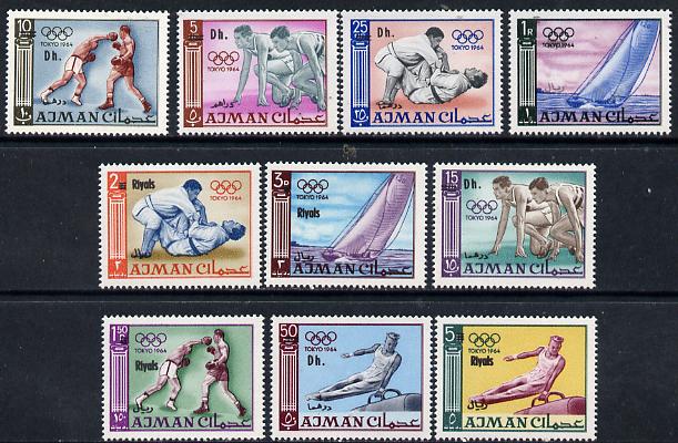 Ajman 1967 New Currency opts on 1965 Olympic set of 10 unmounted mint, Mi A126-K126 , stamps on , stamps on  stamps on sport     olympics      gymnastics    sailing   boxing   running    judo     yachts, stamps on  stamps on  gym , stamps on  stamps on gymnastics, stamps on  stamps on , stamps on  stamps on martial arts