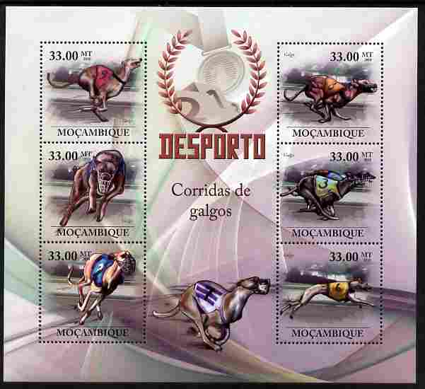 Mozambique 2010 Greyhound Racing perf sheetlet containing 6 values unmounted mint, stamps on , stamps on  stamps on sporet, stamps on  stamps on greyhounds, stamps on  stamps on dogs