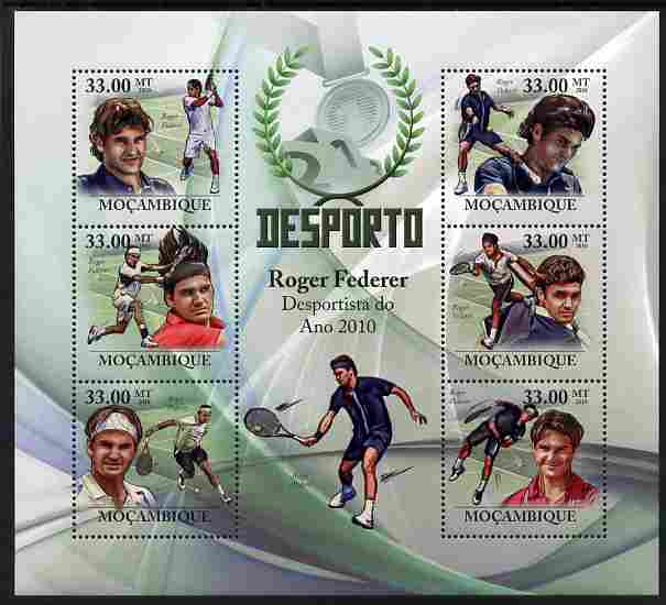 Mozambique 2010 Roger Federer (tennis) perf sheetlet containing 6 values unmounted mint, stamps on , stamps on  stamps on personalities, stamps on  stamps on tennis