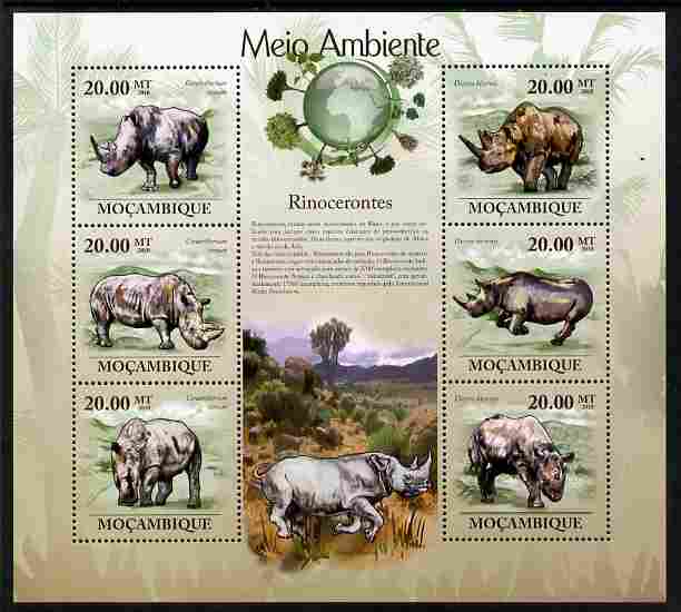 Mozambique 2010 The Environment - Rhinos perf sheetlet containing 6 values unmounted mint Michel 3584-89, stamps on animals, stamps on rhinos, stamps on environment