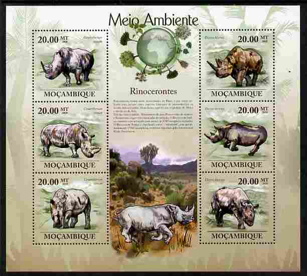 Mozambique 2010 The Environment - Rhinos perf sheetlet containing 6 values unmounted mint Michel 3584-89, stamps on , stamps on  stamps on animals, stamps on  stamps on rhinos, stamps on  stamps on environment