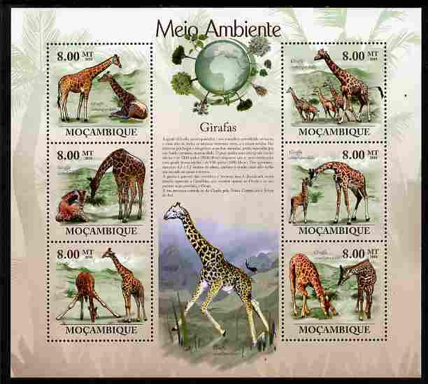 Mozambique 2010 The Environment - Giraffes perf sheetlet containing 6 values unmounted mint Michel 3530-35, stamps on , stamps on  stamps on animals, stamps on  stamps on giraffes, stamps on  stamps on environment