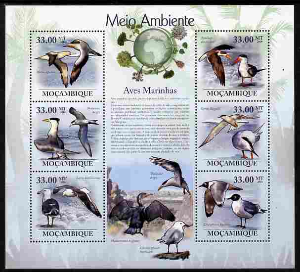 Mozambique 2010 The Environment - Sea Birds perf sheetlet containing 6 values unmounted mint Michel 3495-3500, stamps on birds, stamps on environment