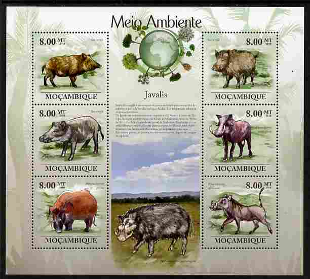 Mozambique 2010 The Environment - Boars perf sheetlet containing 6 values unmounted mint Michel 3536-41, stamps on animals, stamps on pigs, stamps on swine, stamps on environment