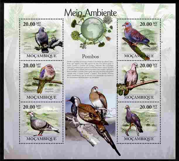 Mozambique 2010 The Environment - Pigeons perf sheetlet containing 6 values unmounted mint Michel 3483-88, stamps on , stamps on  stamps on birds, stamps on  stamps on pigeons, stamps on  stamps on environment