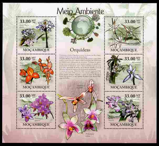 Mozambique 2010 The Environment - Orchids perf sheetlet containing 6 values unmounted mint Michel 3475-80, stamps on , stamps on  stamps on flowers, stamps on  stamps on orchids, stamps on  stamps on environment