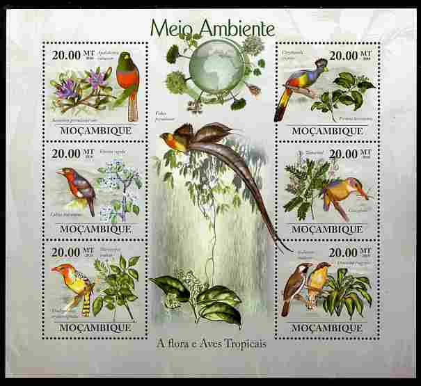 Mozambique 2010 The Environment - Flora & Tropical Birds perf sheetlet containing 6 values unmounted mint Michel 3489-94, stamps on flowers, stamps on birds, stamps on environment