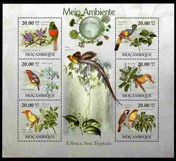 Mozambique 2010 The Environment - Flora & Tropical Birds perf sheetlet containing 6 values unmounted mint Michel 3489-94, stamps on , stamps on  stamps on flowers, stamps on  stamps on birds, stamps on  stamps on environment