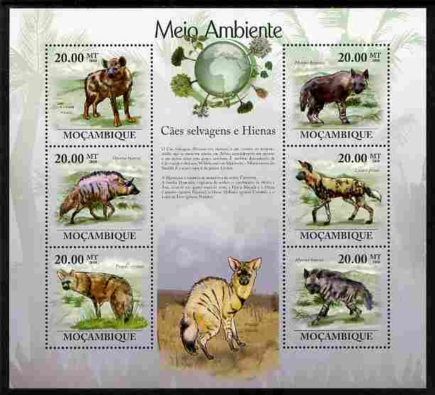 Mozambique 2010 The Environment - Wild Dogs & Hyenas perf sheetlet containing 6 values unmounted mint Michel 3572-77, stamps on , stamps on  stamps on animals, stamps on  stamps on dogs, stamps on  stamps on hyenas, stamps on  stamps on environment