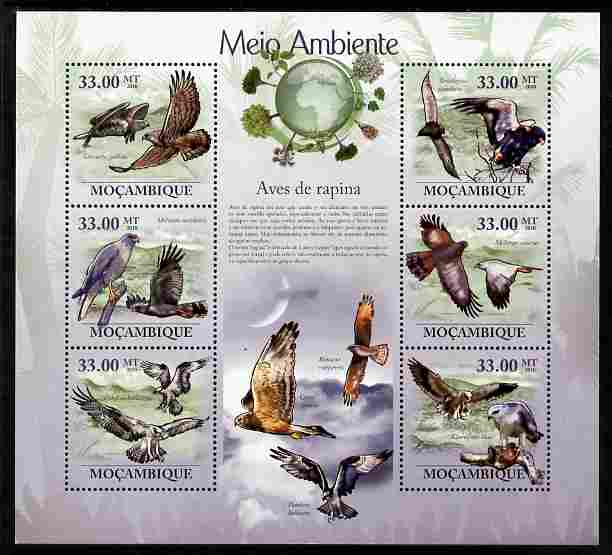 Mozambique 2010 The Environment - Raptors perf sheetlet containing 6 values unmounted mint Michel 3501-06, stamps on , stamps on  stamps on birds, stamps on  stamps on birds of prey, stamps on  stamps on environment