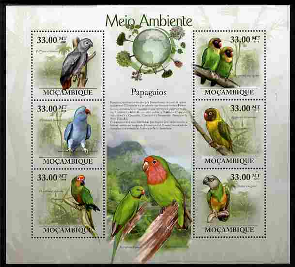 Mozambique 2010 The Environment - Parrots perf sheetlet containing 6 values unmounted mint Michel 3507-12, stamps on , stamps on  stamps on birds, stamps on  stamps on parrots, stamps on  stamps on environment