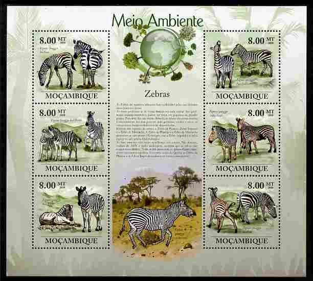 Mozambique 2010 The Environment - Zebras perf sheetlet containing 6 values unmounted mint Michel 3624-29, stamps on , stamps on  stamps on animals, stamps on  stamps on zebras, stamps on  stamps on environment