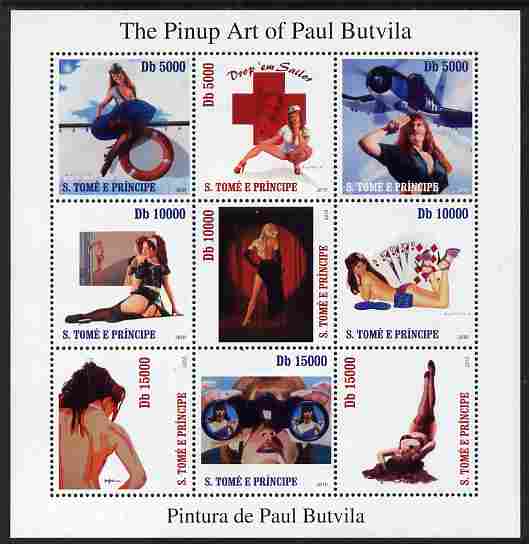St Thomas & Prince Islands 2010 The Pinup Art of Paul Butvila perf sheetlet containing 9 values unmounted mint , stamps on arts, stamps on glamour, stamps on nudes