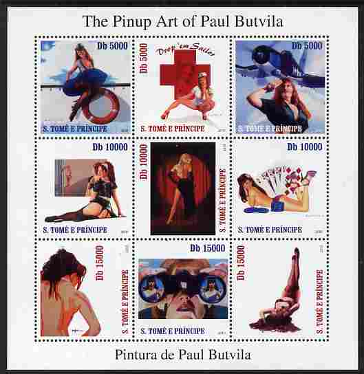 St Thomas & Prince Islands 2010 The Pinup Art of Paul Butvila perf sheetlet containing 9 values unmounted mint , stamps on , stamps on  stamps on arts, stamps on  stamps on glamour, stamps on  stamps on nudes