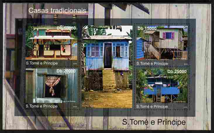 St Thomas & Prince Islands 2010 Traditional Housing perf sheetlet containing 4 values unmounted mint , stamps on , stamps on  stamps on houses