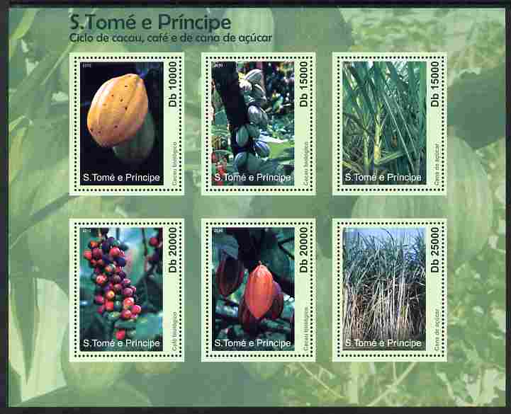 St Thomas & Prince Islands 2010 Coffee, Cocoa & Sugar Cane perf sheetlet containing 6 values unmounted mint , stamps on , stamps on  stamps on food, stamps on  stamps on coffee, stamps on  stamps on drink, stamps on  stamps on cocoa, stamps on  stamps on sugar