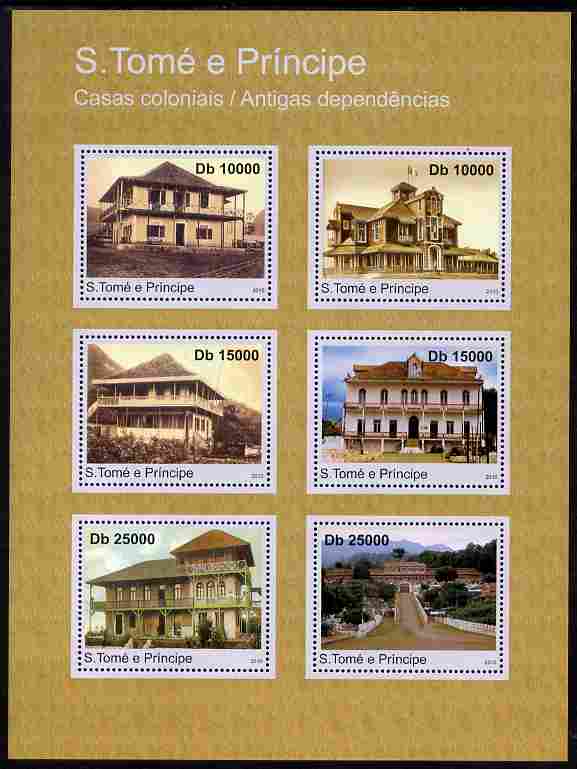 St Thomas & Prince Islands 2010 Homes of Settlers perf sheetlet containing 6 values unmounted mint , stamps on , stamps on  stamps on houses