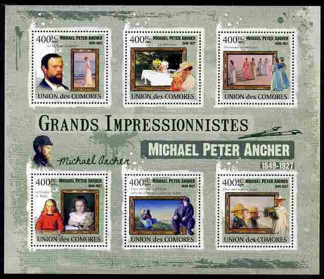 Comoro Islands 2009 Impressionists - Michael Peter Ancher perf sheetlet containing 6 values unmounted mint Michel 2477-82, stamps on , stamps on  stamps on personalities, stamps on  stamps on arts, stamps on  stamps on impressionists, stamps on  stamps on ancher