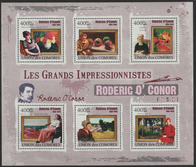 Comoro Islands 2009 Impressionists - Roderick O'Conor perf sheetlet containing 6 values unmounted mint Michel 2507-12, stamps on personalities, stamps on arts, stamps on impressionists, stamps on o'conor