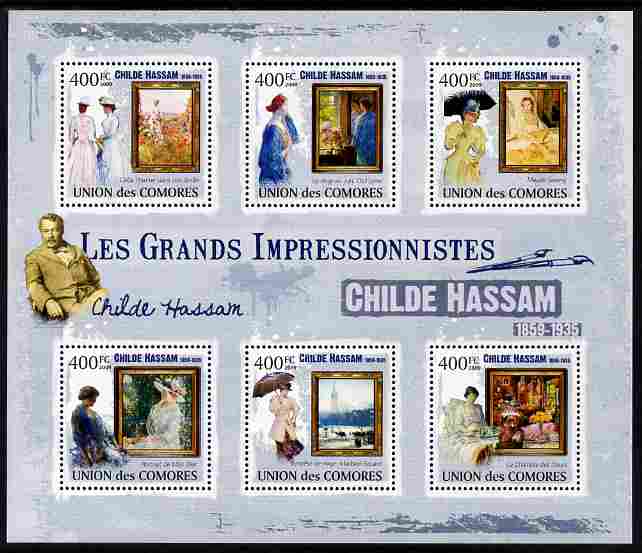 Comoro Islands 2009 Impressionists - Childe Hassam perf sheetlet containing 6 values unmounted mint Michel 2489-94, stamps on personalities, stamps on arts, stamps on impressionists, stamps on hassanm