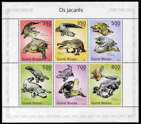 Guinea - Bissau 2010 Alligators perf sheetlet containing 6 values unmounted mint , stamps on reptiles, stamps on aligators