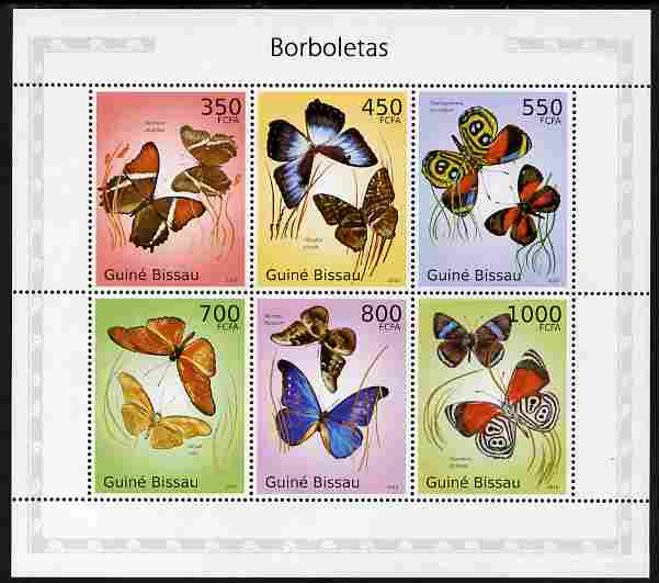 Guinea - Bissau 2010 Butterflies perf sheetlet containing 6 values unmounted mint , stamps on , stamps on  stamps on insects, stamps on  stamps on butterflies