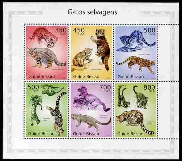 Guinea - Bissau 2010 Cats perf sheetlet containing 6 values unmounted mint , stamps on animals, stamps on cats